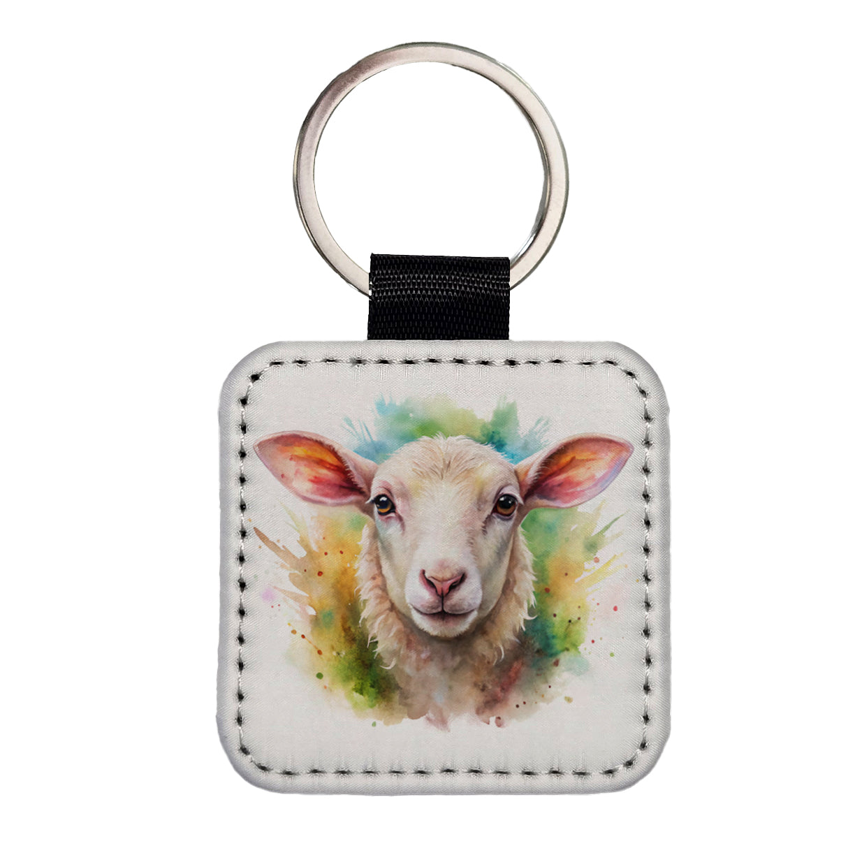 Lamb Face Watercolor Square Faux Leather Keychain