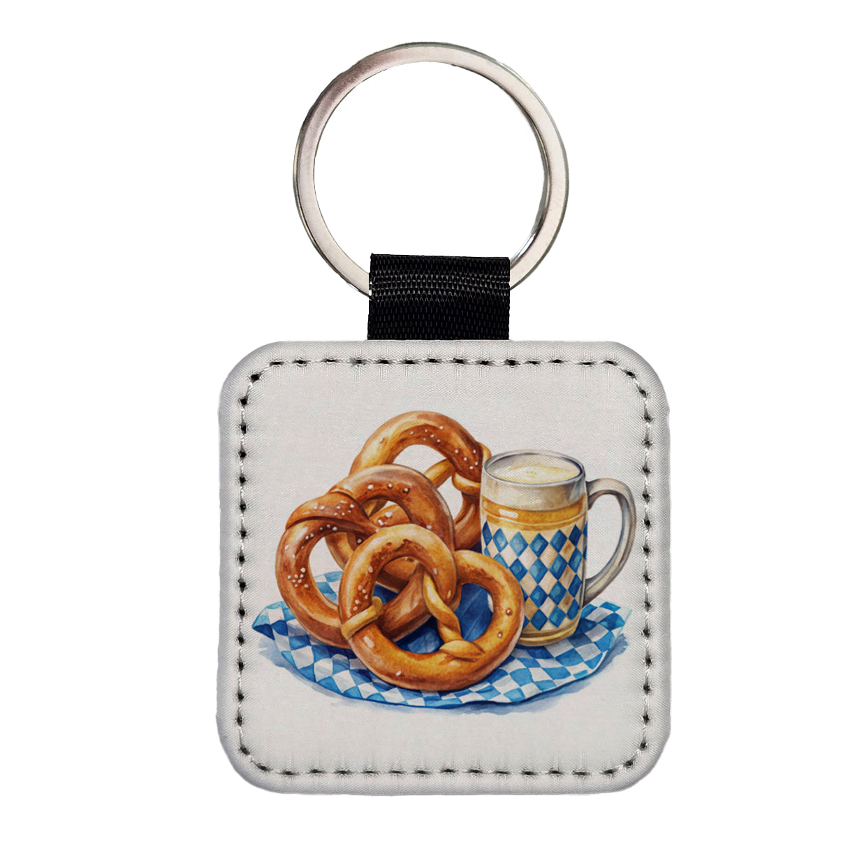 Oktoberfest German Pretzels Watercolor Square Faux Leather Keychain