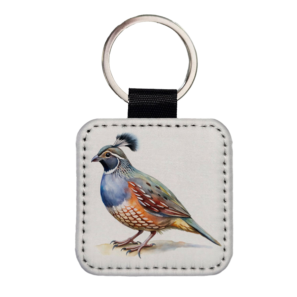 Quail Watercolor Square Faux Leather Keychain