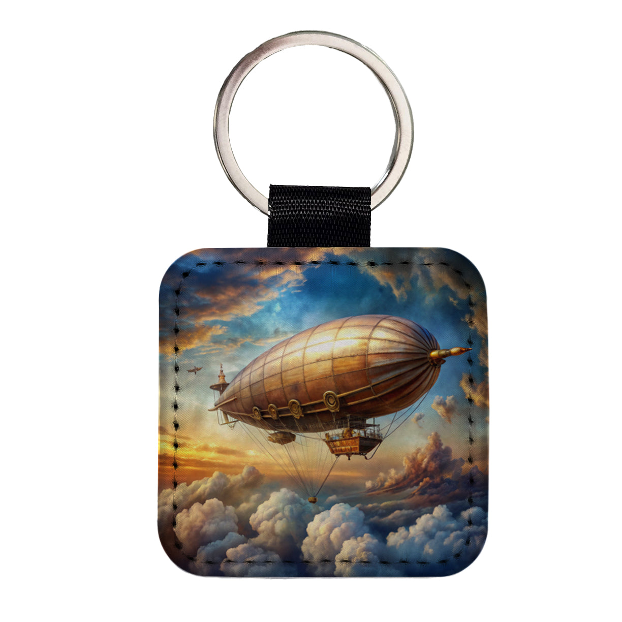 Steampunk Airship Dirigible Flying in Cloudy Sky Fantasy Sci-fi Square Faux Leather Keychain
