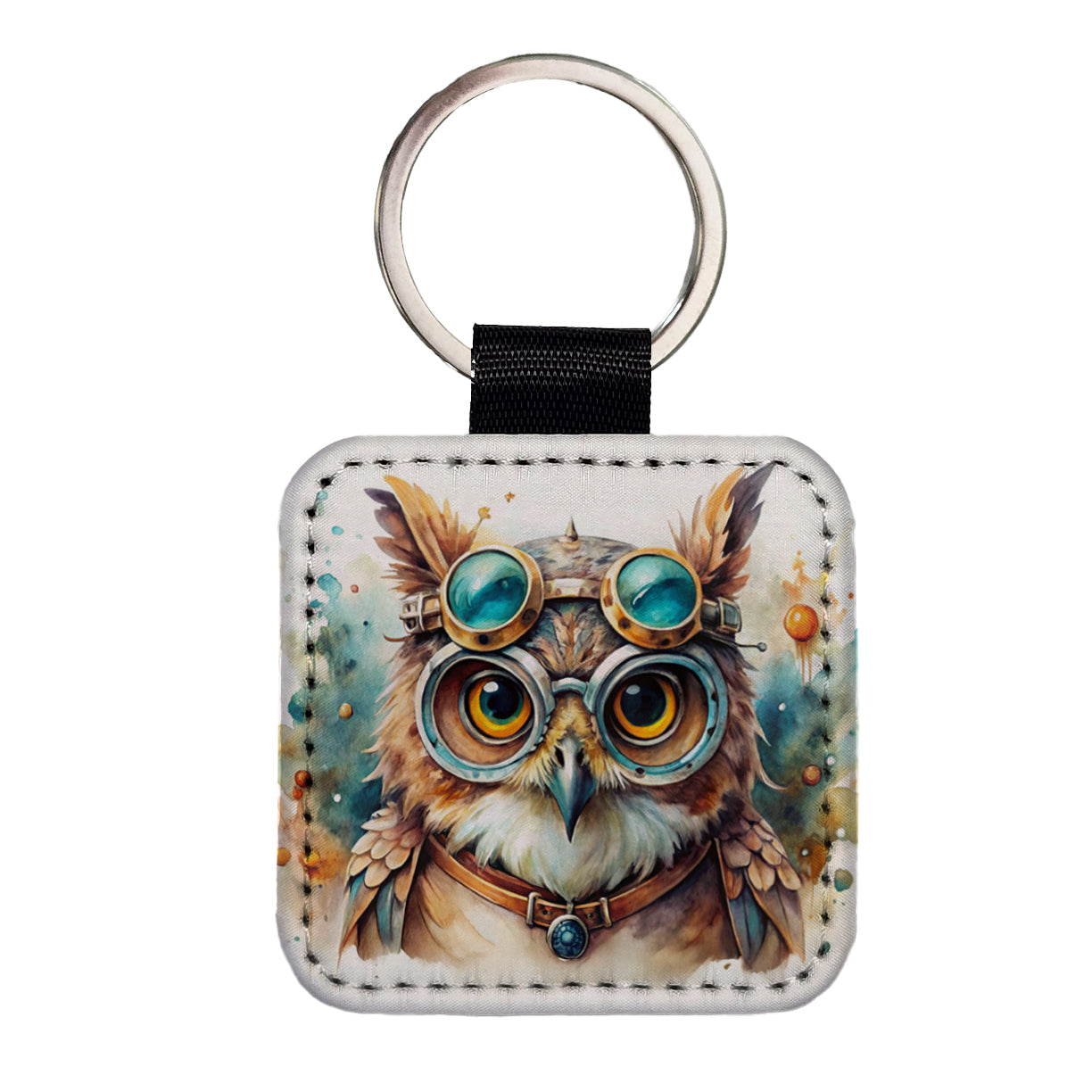Steampunk Owl With Goggles Fantasy Sci-fi Watercolor Square Faux Leather Keychain