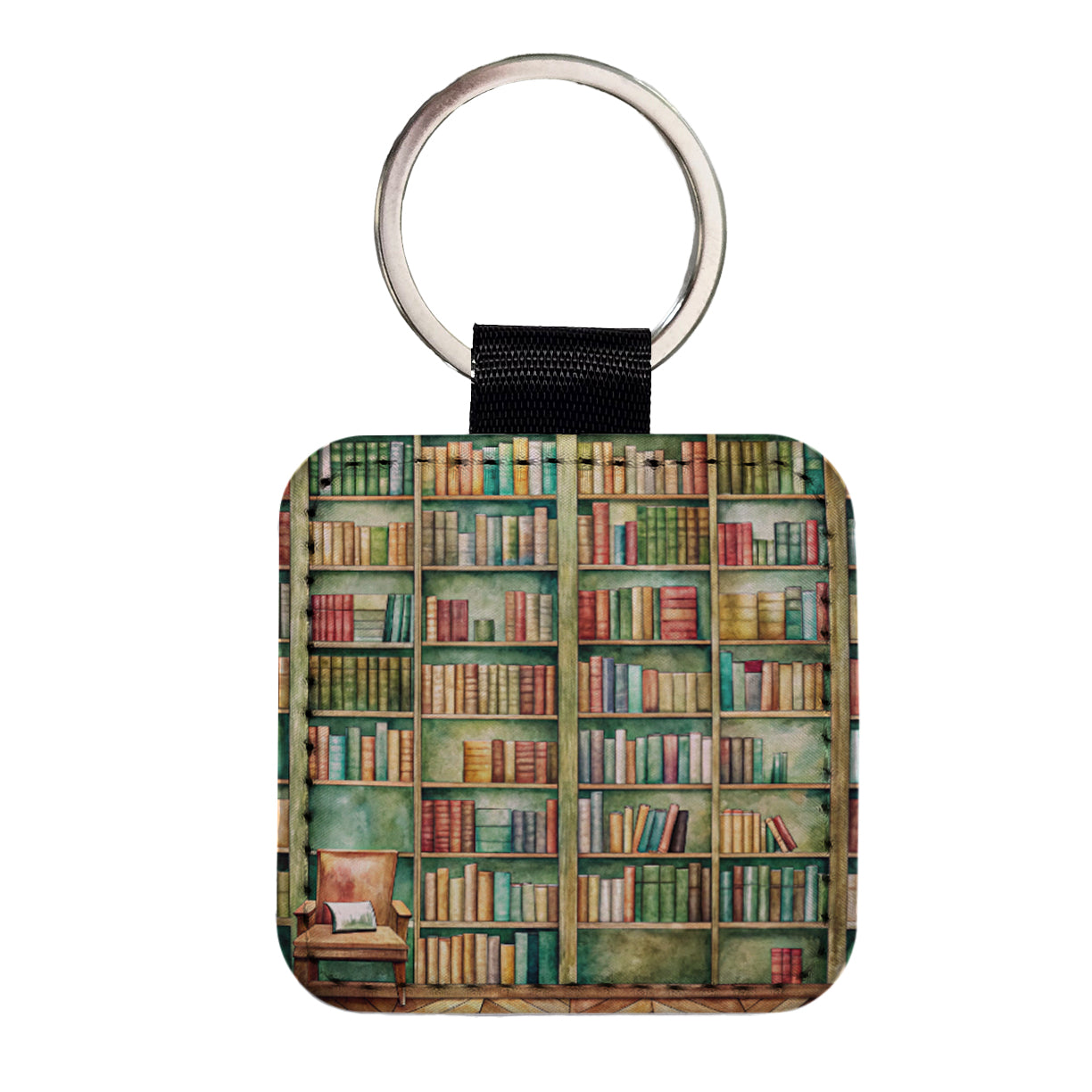 Books Bookshelves In Library Reading Reader Square Faux Leather Keychain