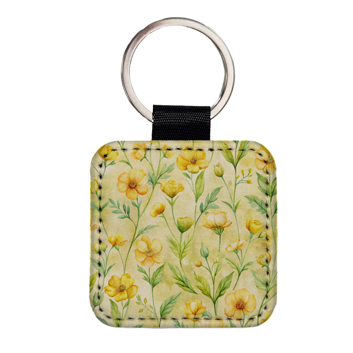 Buttercups Yellow Flowers Floral Square Faux Leather Keychain