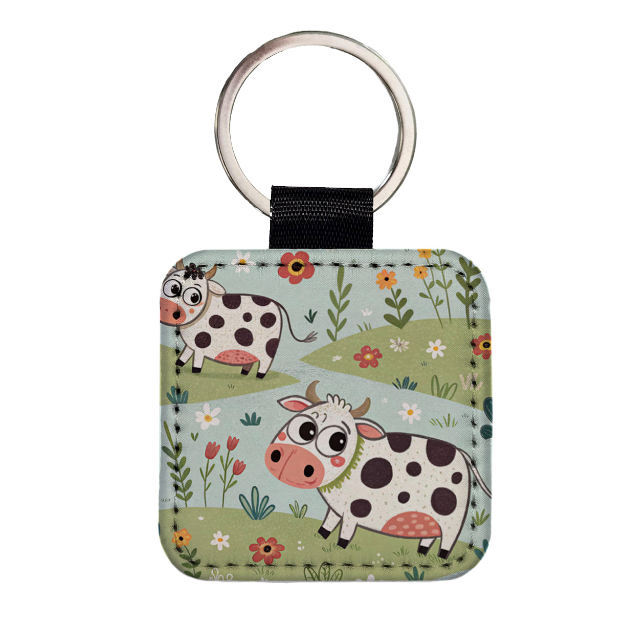 Adorable Dairy Cows Square Faux Leather Keychain