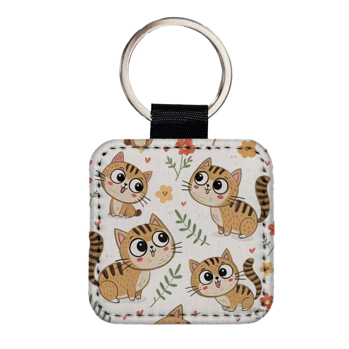 Adorable Tabby Cats Square Faux Leather Keychain