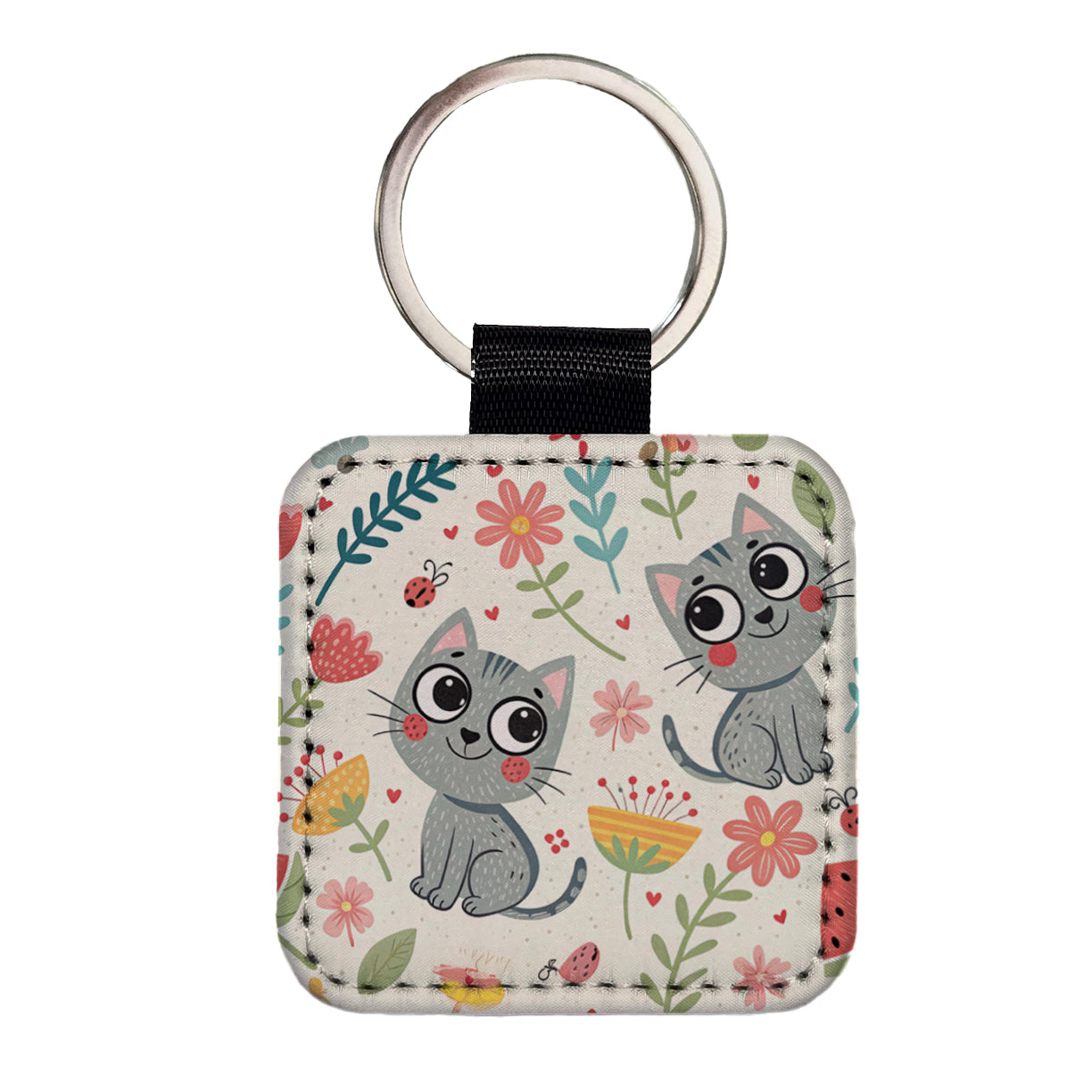 Cute Gray Cats Square Faux Leather Keychain