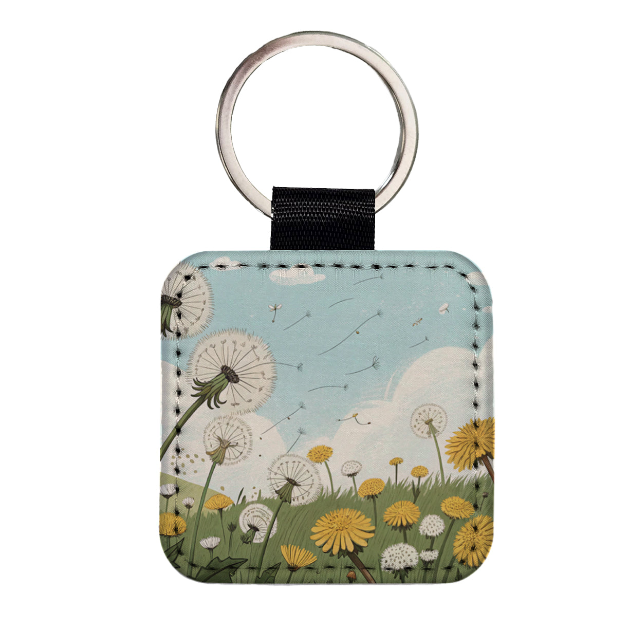 Field Of Dandelions Flowers Square Faux Leather Keychain