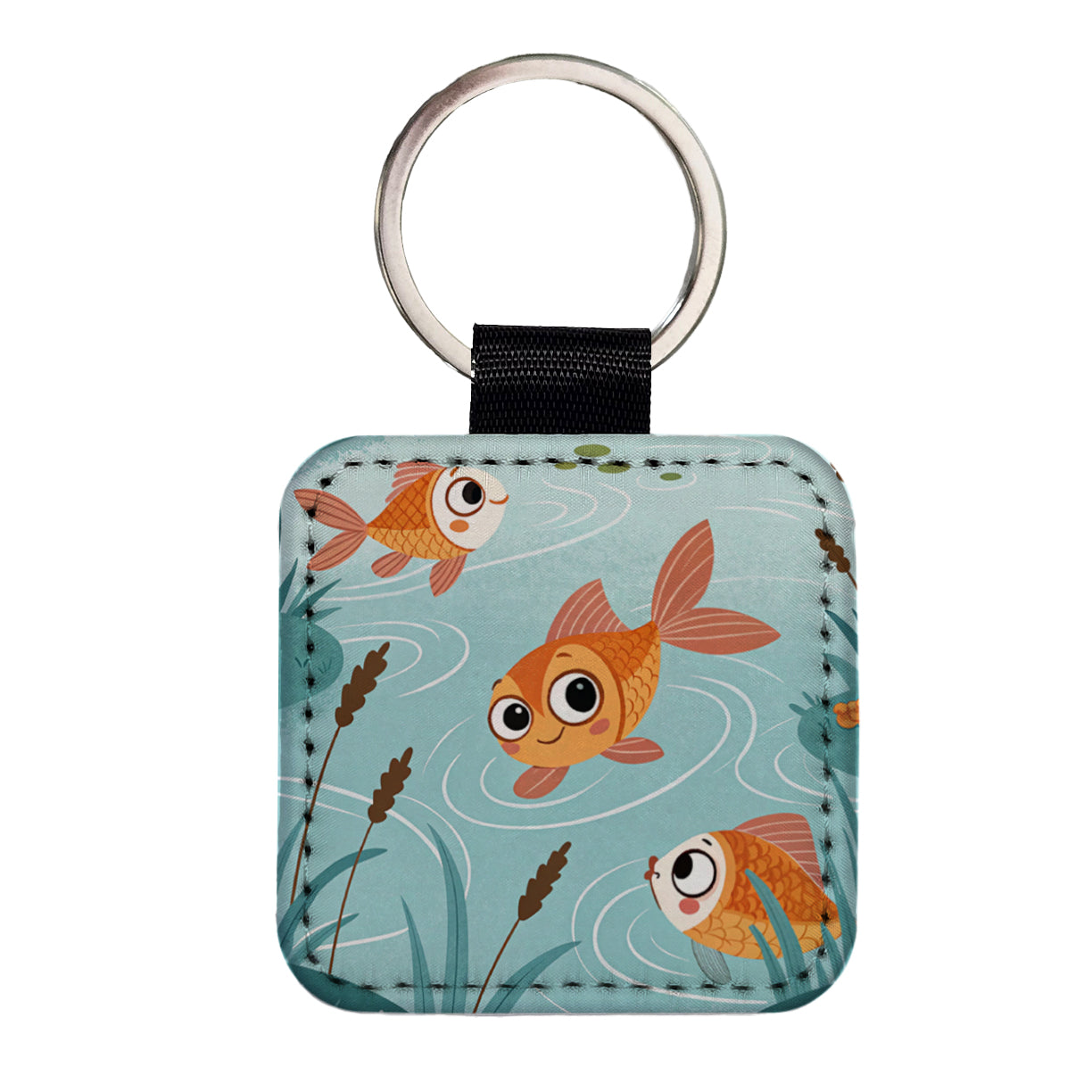 Gold Fish Swimming In Pond Square Faux Leather Keychain