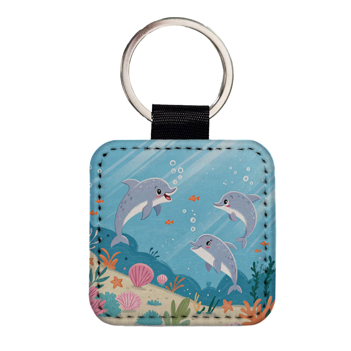 Kawaii Dolphins Square Faux Leather Keychain