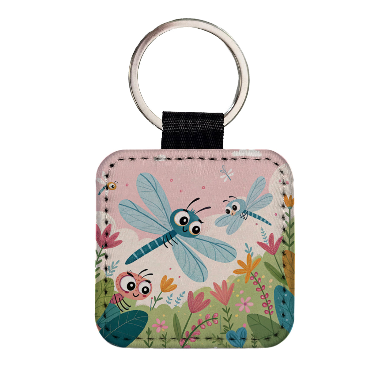 Kawaii Dragonflies Square Faux Leather Keychain