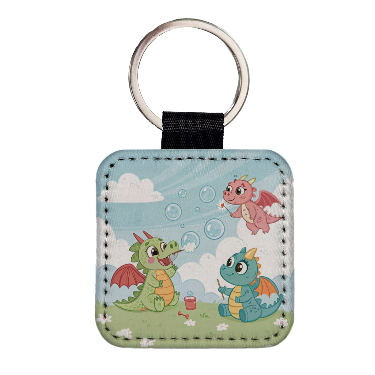 Kawaii Dragons Cute Square Faux Leather Keychain