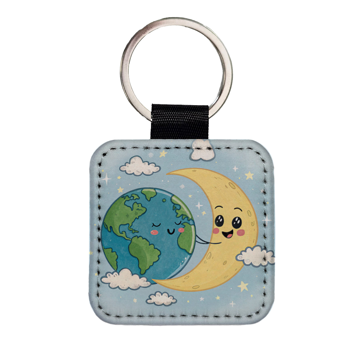 Kawaii Earth And Crescent Moon Square Faux Leather Keychain