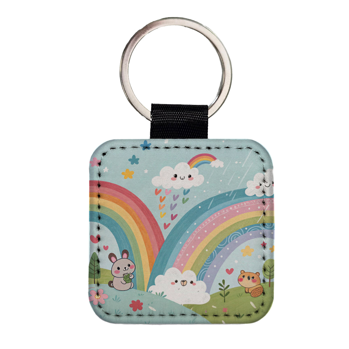 Kawaii Fun Rainbows Square Faux Leather Keychain