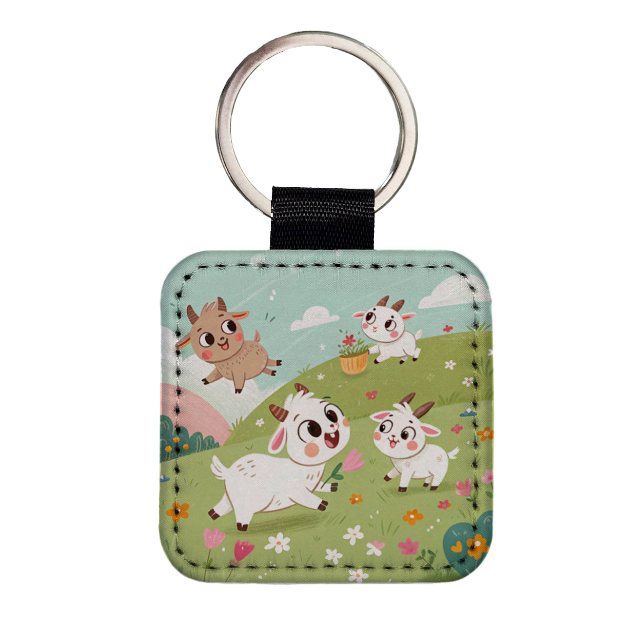 Kawaii Goats Square Faux Leather Keychain