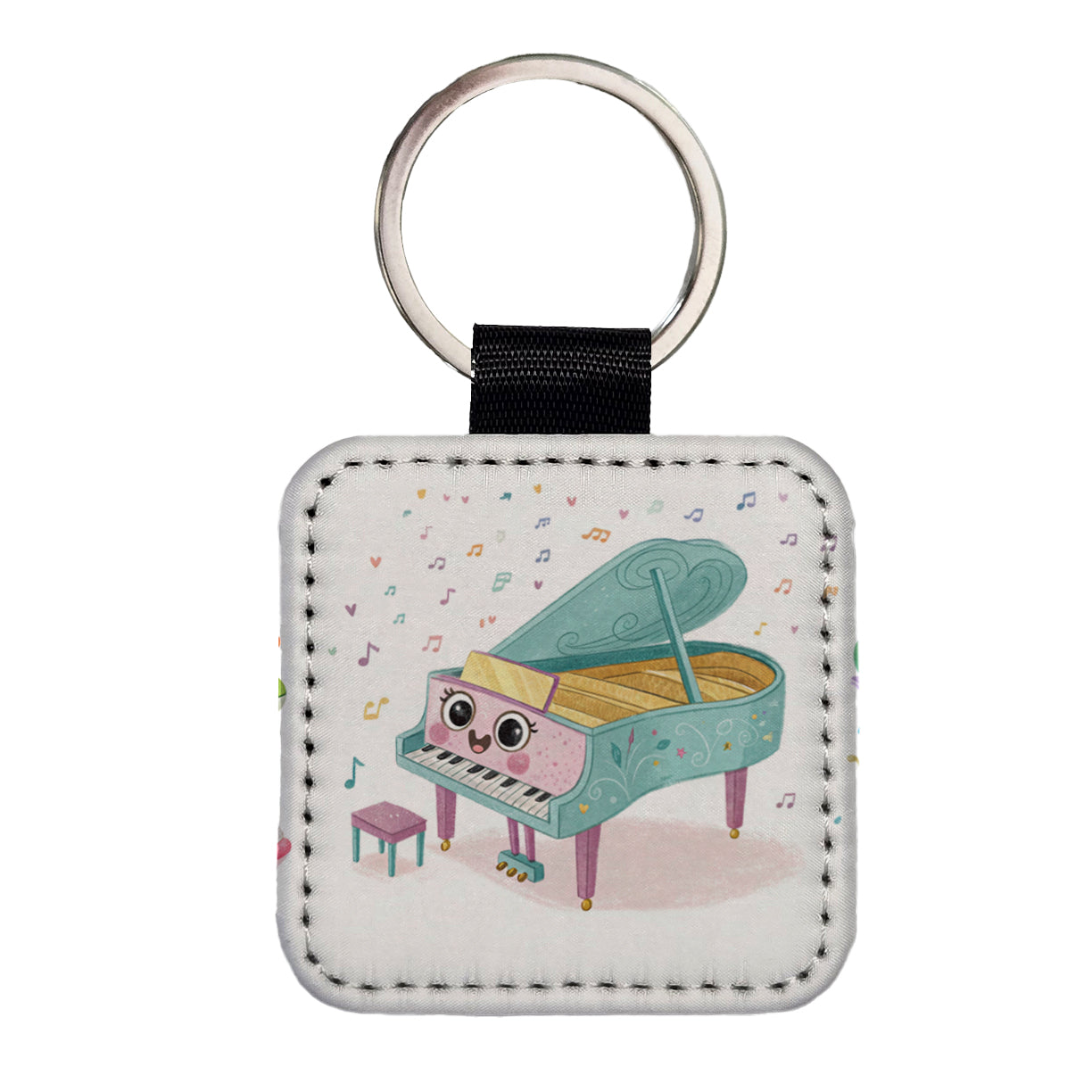 Kawaii Grand Piano Music Square Faux Leather Keychain