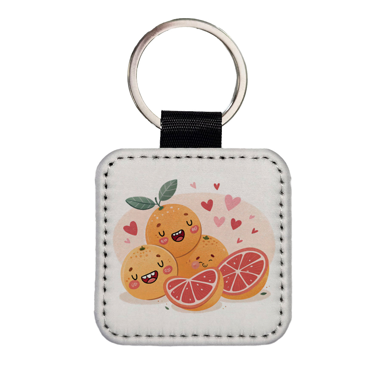 Kawaii Grapefruits And Hearts Square Faux Leather Keychain