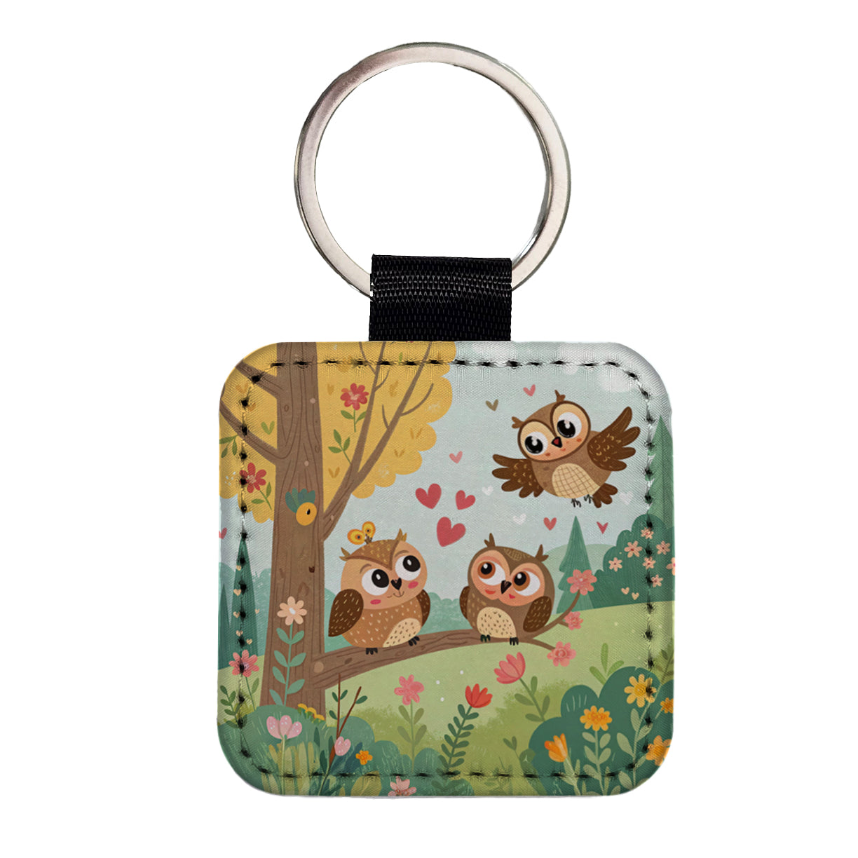 Kawaii Great Horned Owls Square Faux Leather Keychain