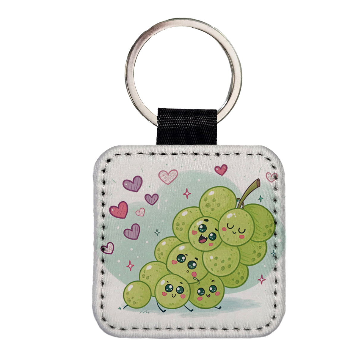 Kawaii Green Grapes And Hearts Square Faux Leather Keychain