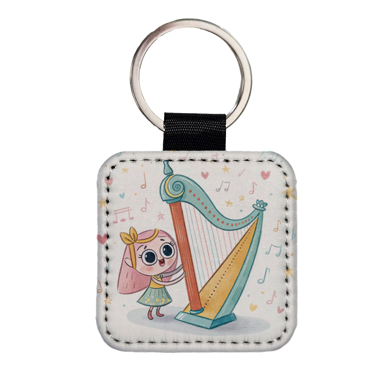 Kawaii Harp Music Square Faux Leather Keychain
