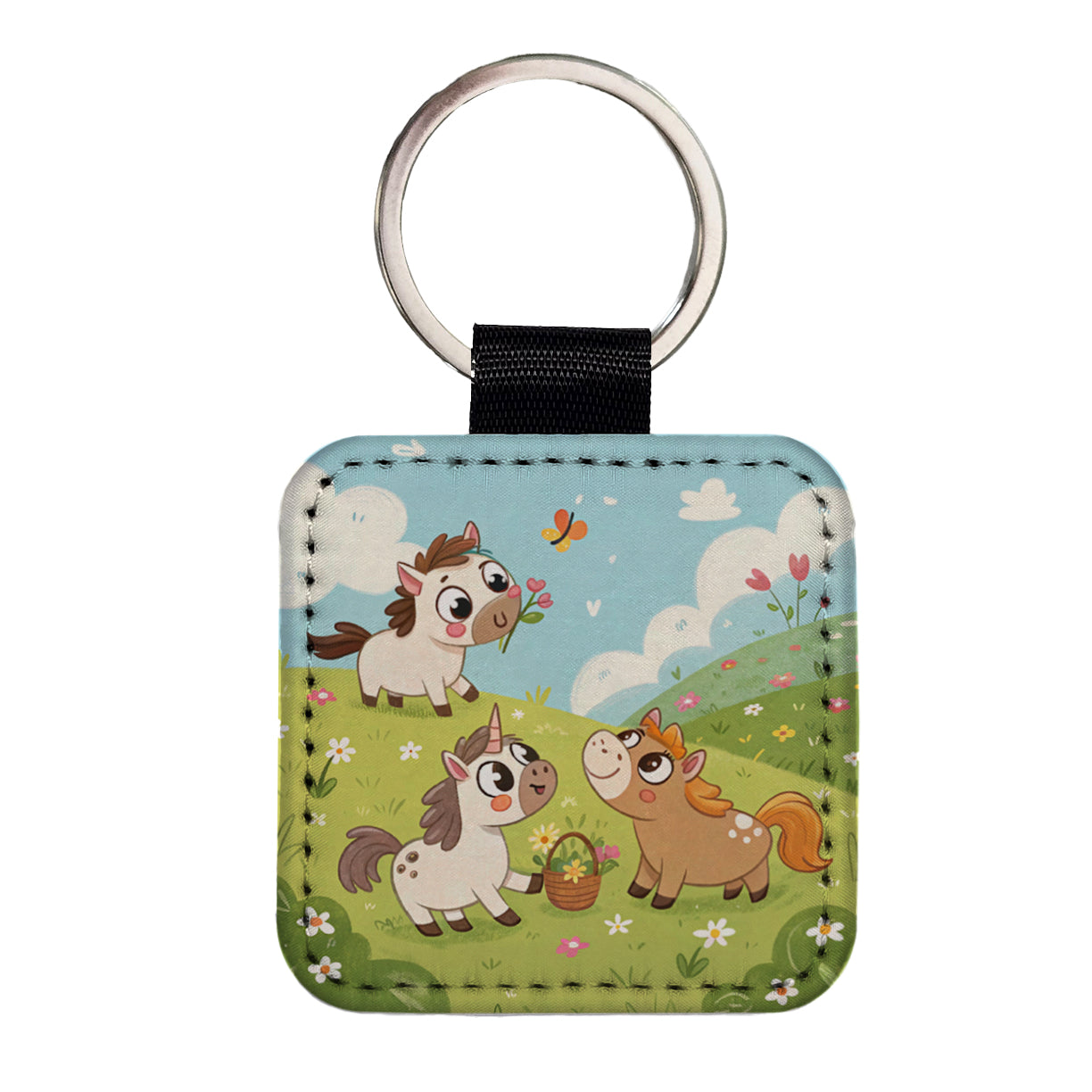 Kawaii Horses Playing Square Faux Leather Keychain