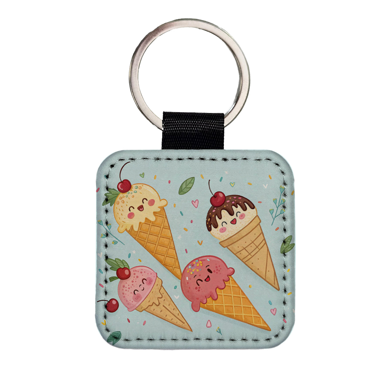 Kawaii Ice Cream Cones Square Faux Leather Keychain