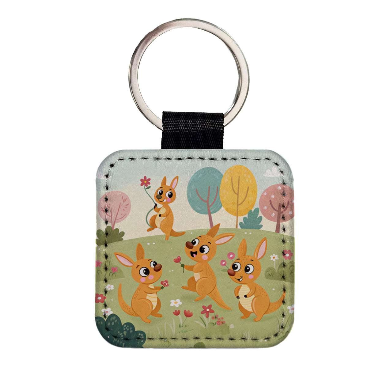 Kawaii Kangaroos Square Faux Leather Keychain