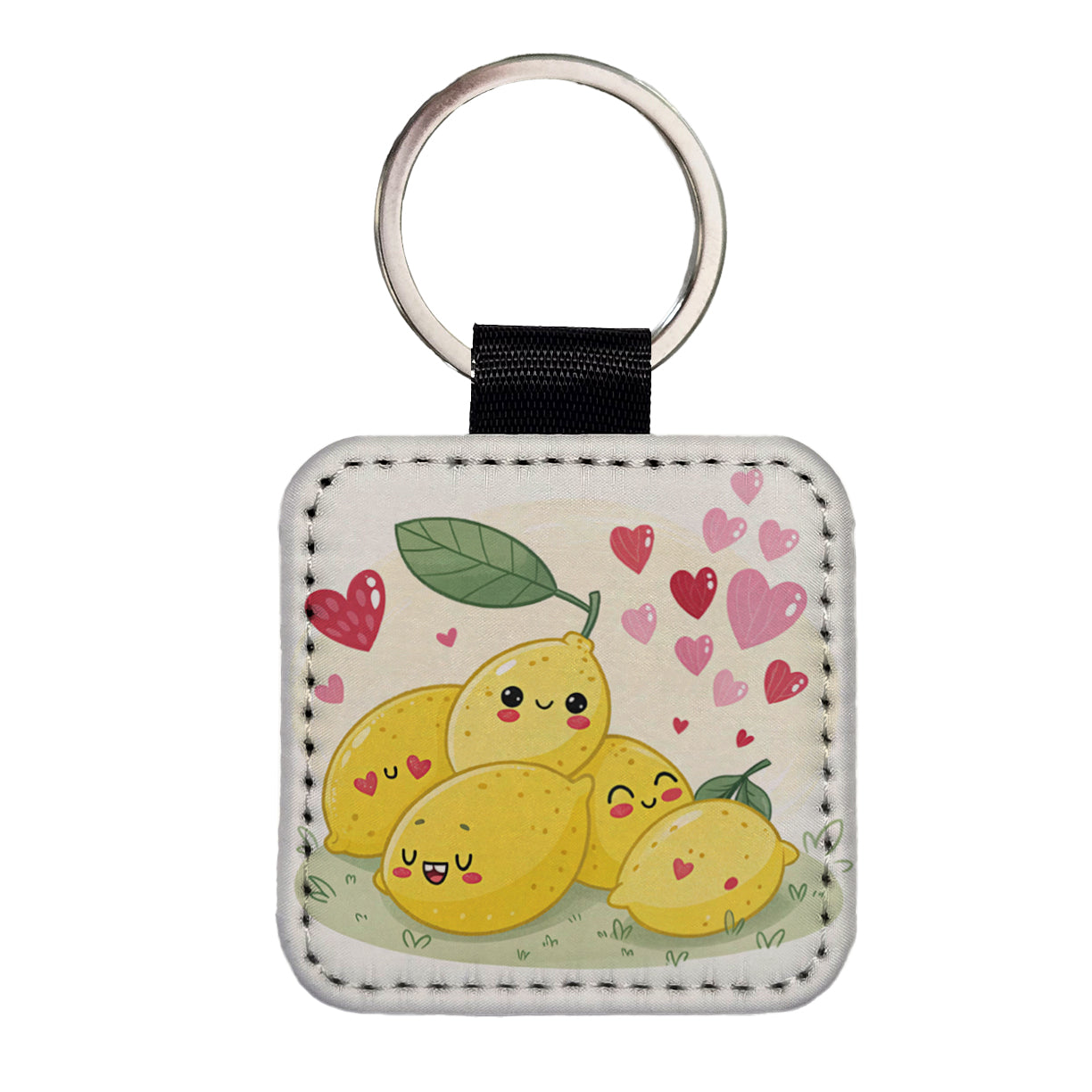 Kawaii Lemons And Hearts Square Faux Leather Keychain