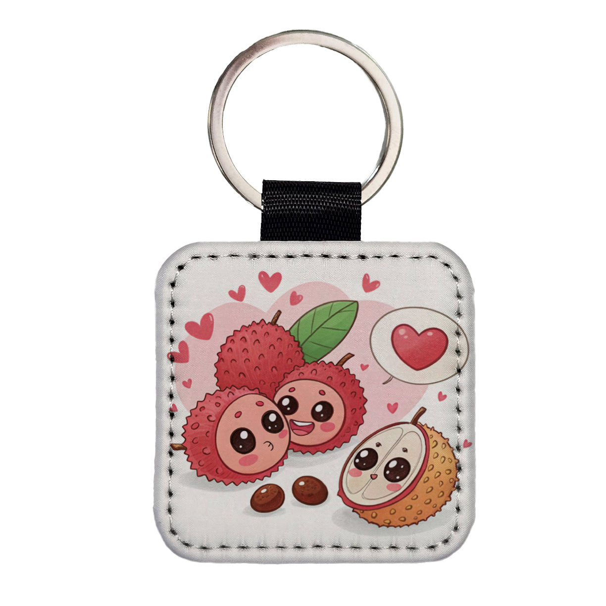 Kawaii Lychees And Hearts Square Faux Leather Keychain
