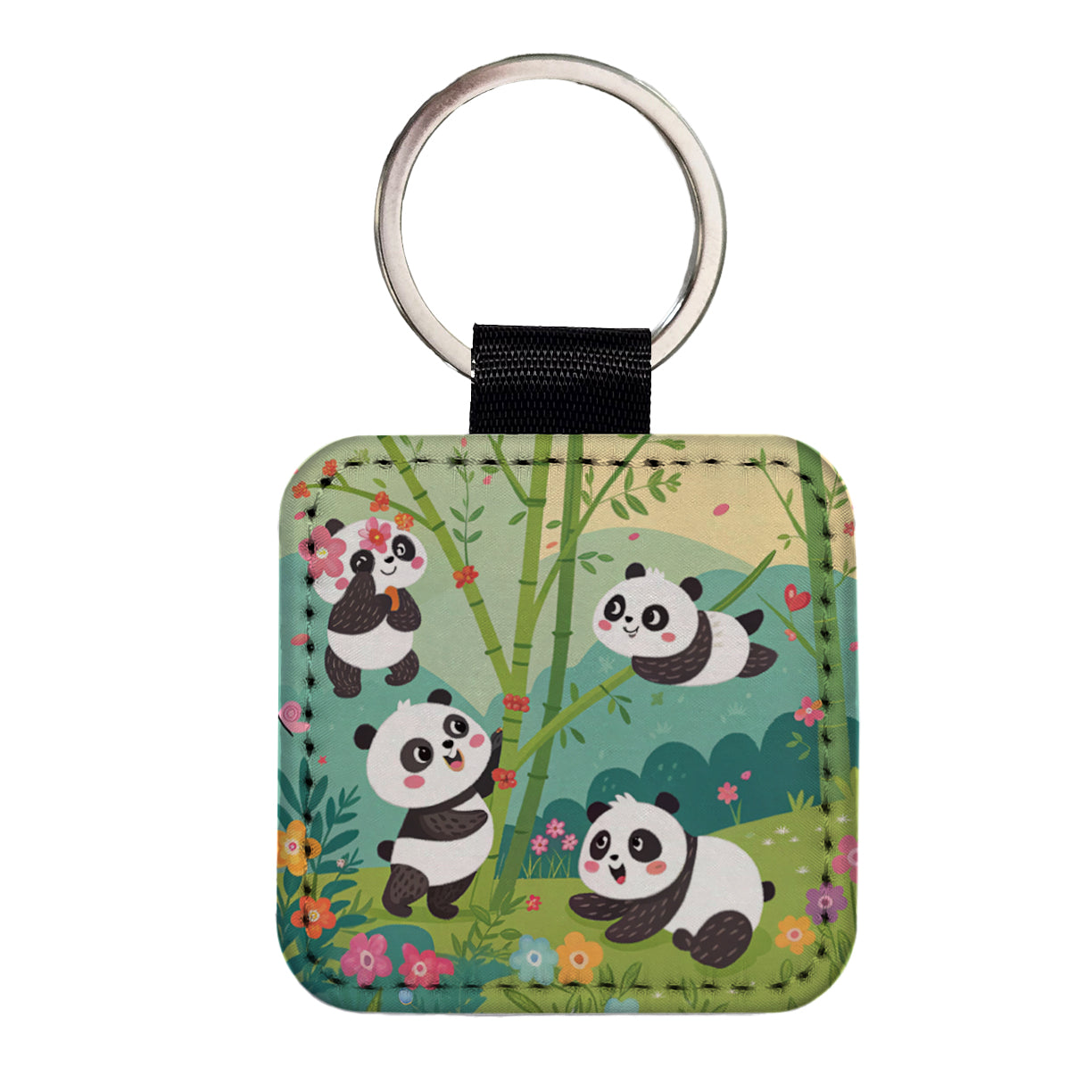 Kawaii Pandas Square Faux Leather Keychain