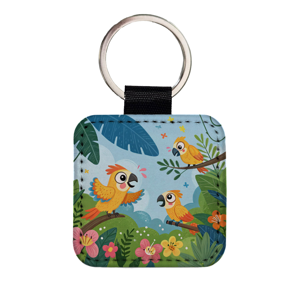 Kawaii Parrots Square Faux Leather Keychain