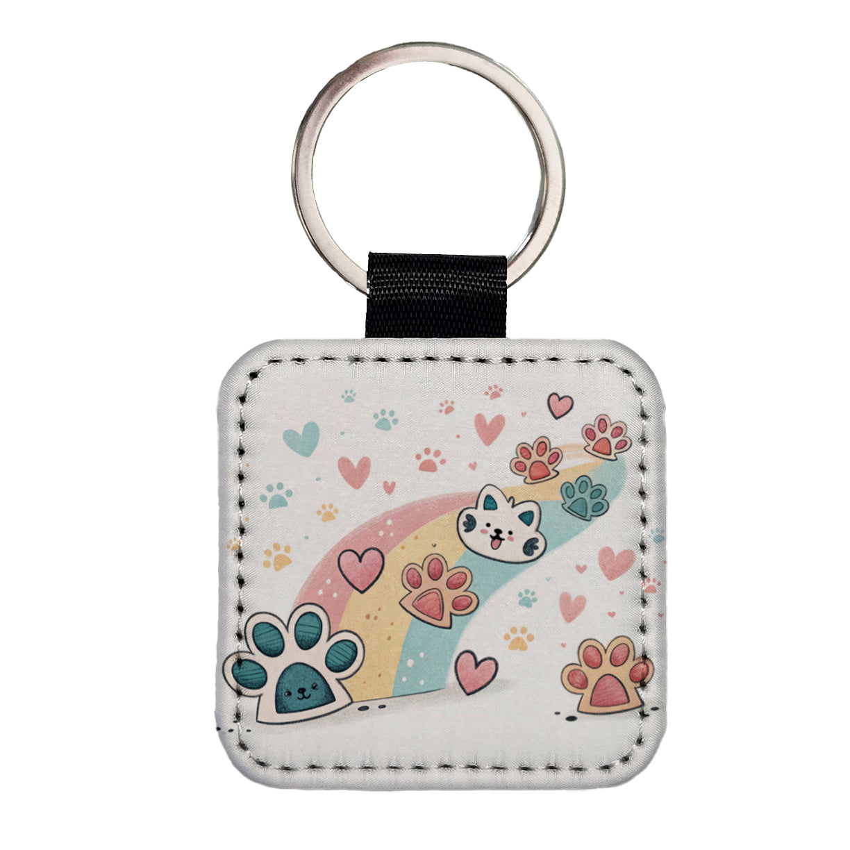 Kawaii Paw Prints And Hearts Sty Square Faux Leather Keychain