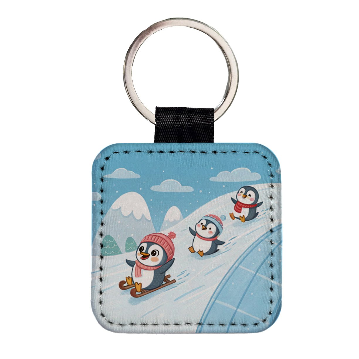 Kawaii Penguins Sledding Snow Square Faux Leather Keychain
