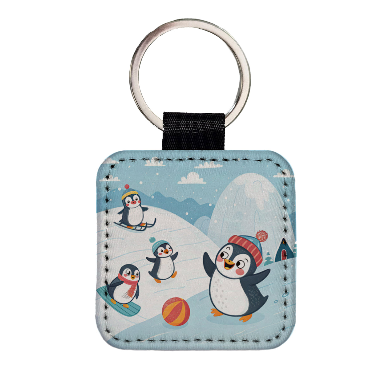 Kawaii Penguins Square Faux Leather Keychain