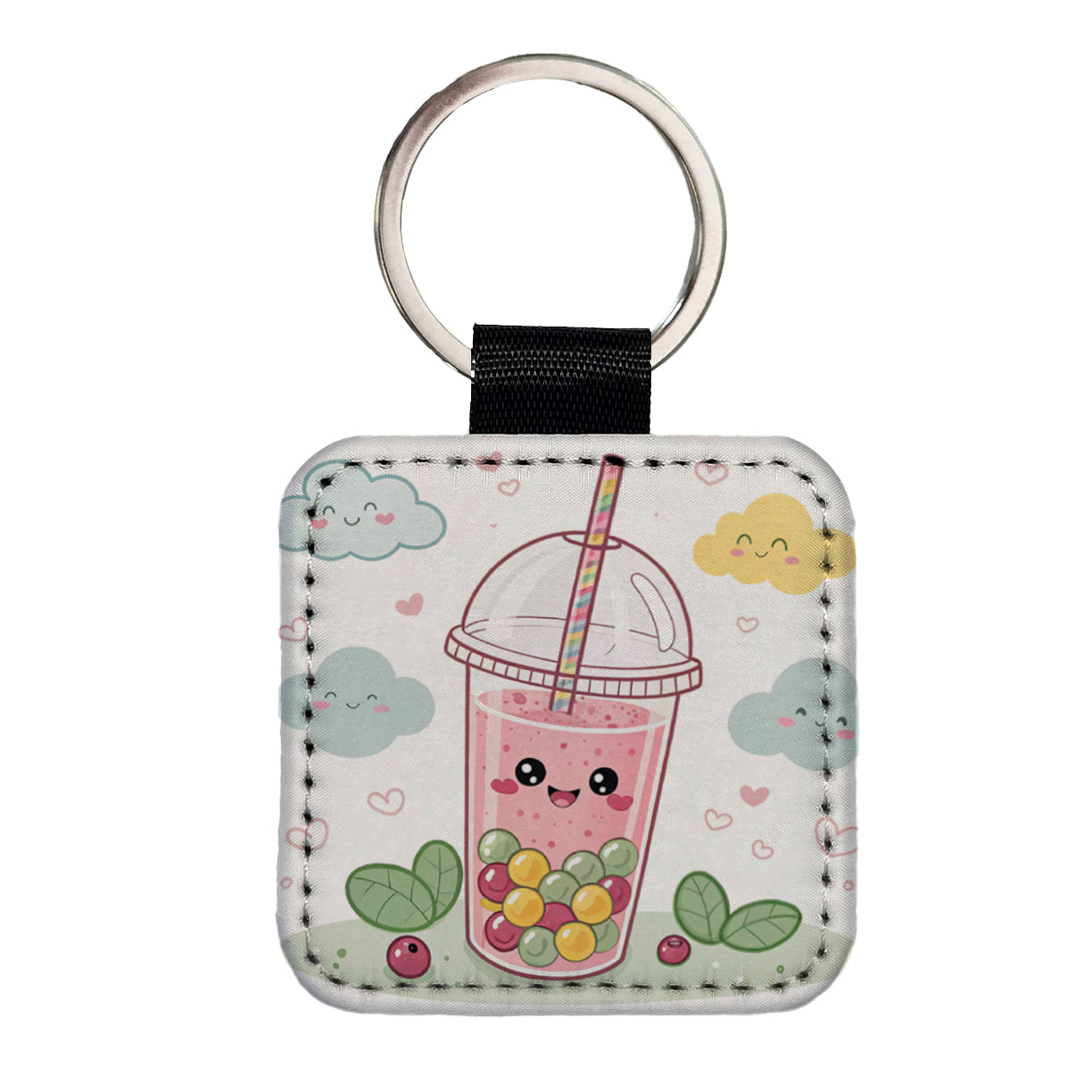 Kawaii Pink Boba Bubble Tea Square Faux Leather Keychain