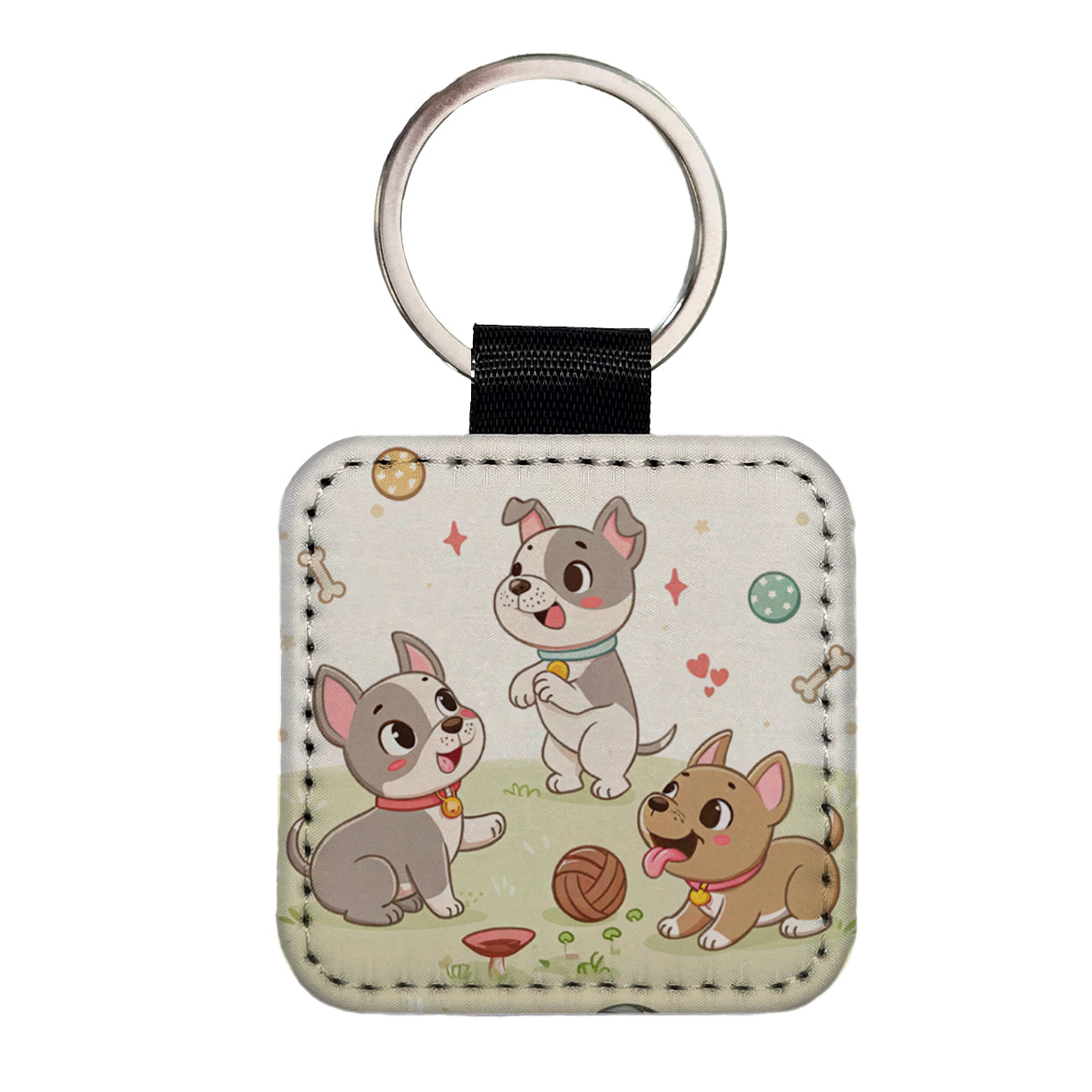 Kawaii Pitbulls Dogs Square Faux Leather Keychain
