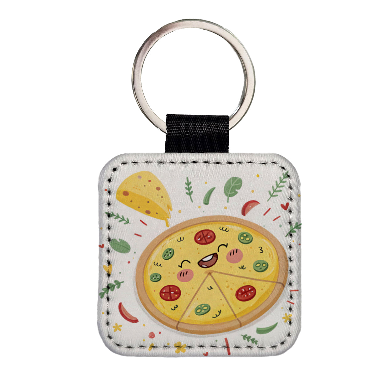 Kawaii Pizza Square Faux Leather Keychain