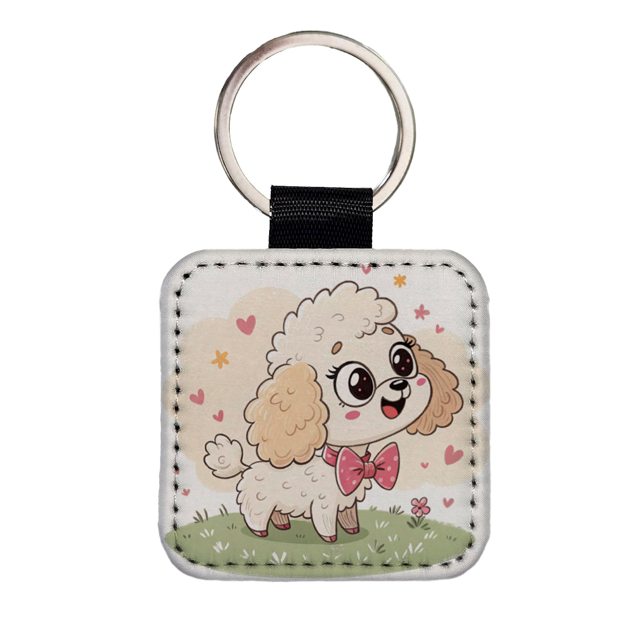 Kawaii Poodle Dog Square Faux Leather Keychain