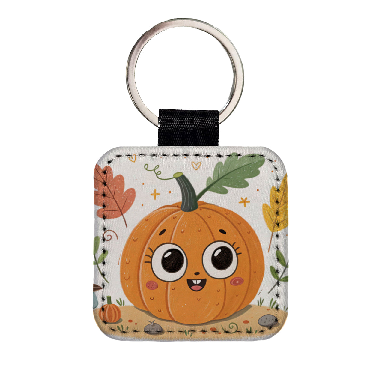 Kawaii Pumpkin Fall Autumn Halloween Square Faux Leather Keychain