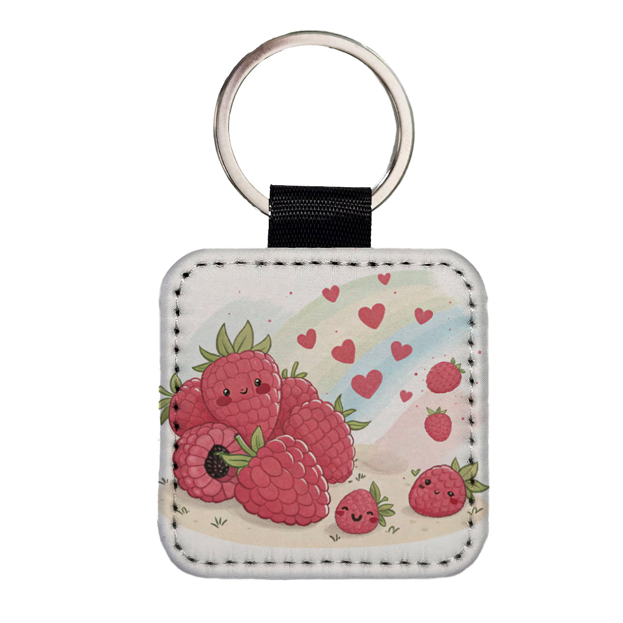Kawaii Raspberries And Hearts Square Faux Leather Keychain