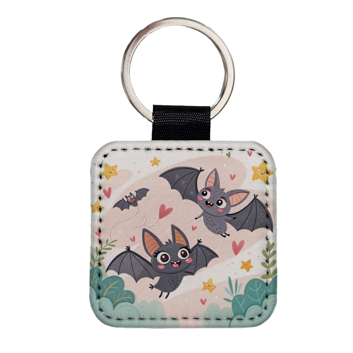 Kawaii Scattered Bats Square Faux Leather Keychain