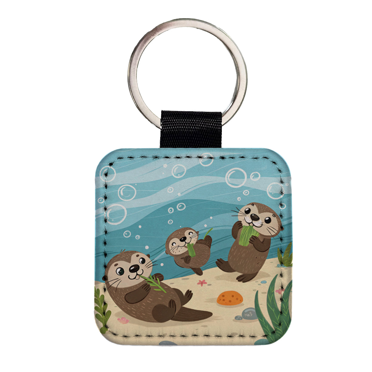 Kawaii Sea Otters Square Faux Leather Keychain