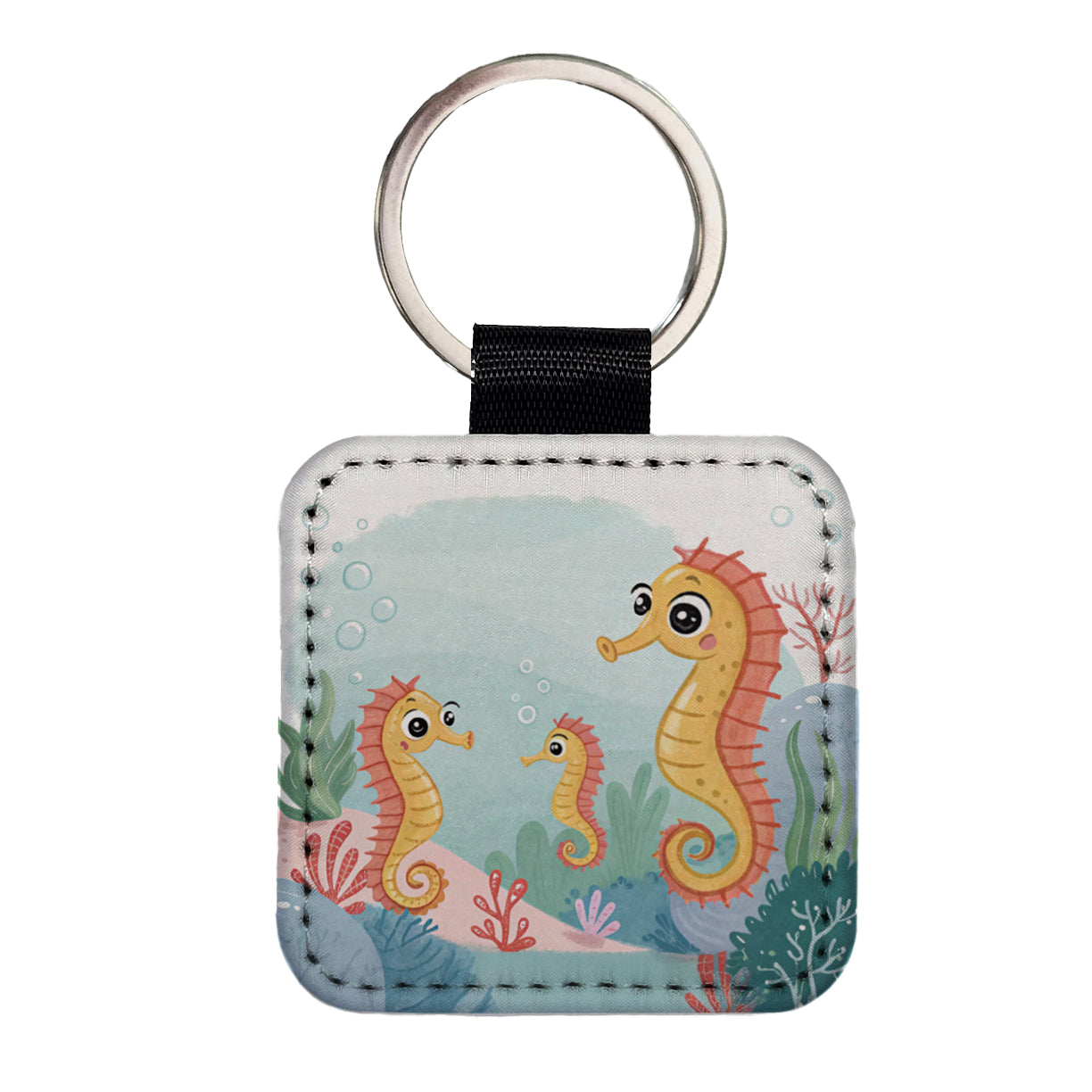 Kawaii Seahorses Square Faux Leather Keychain