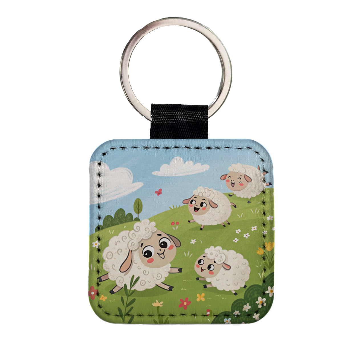 Kawaii Sheep Square Faux Leather Keychain