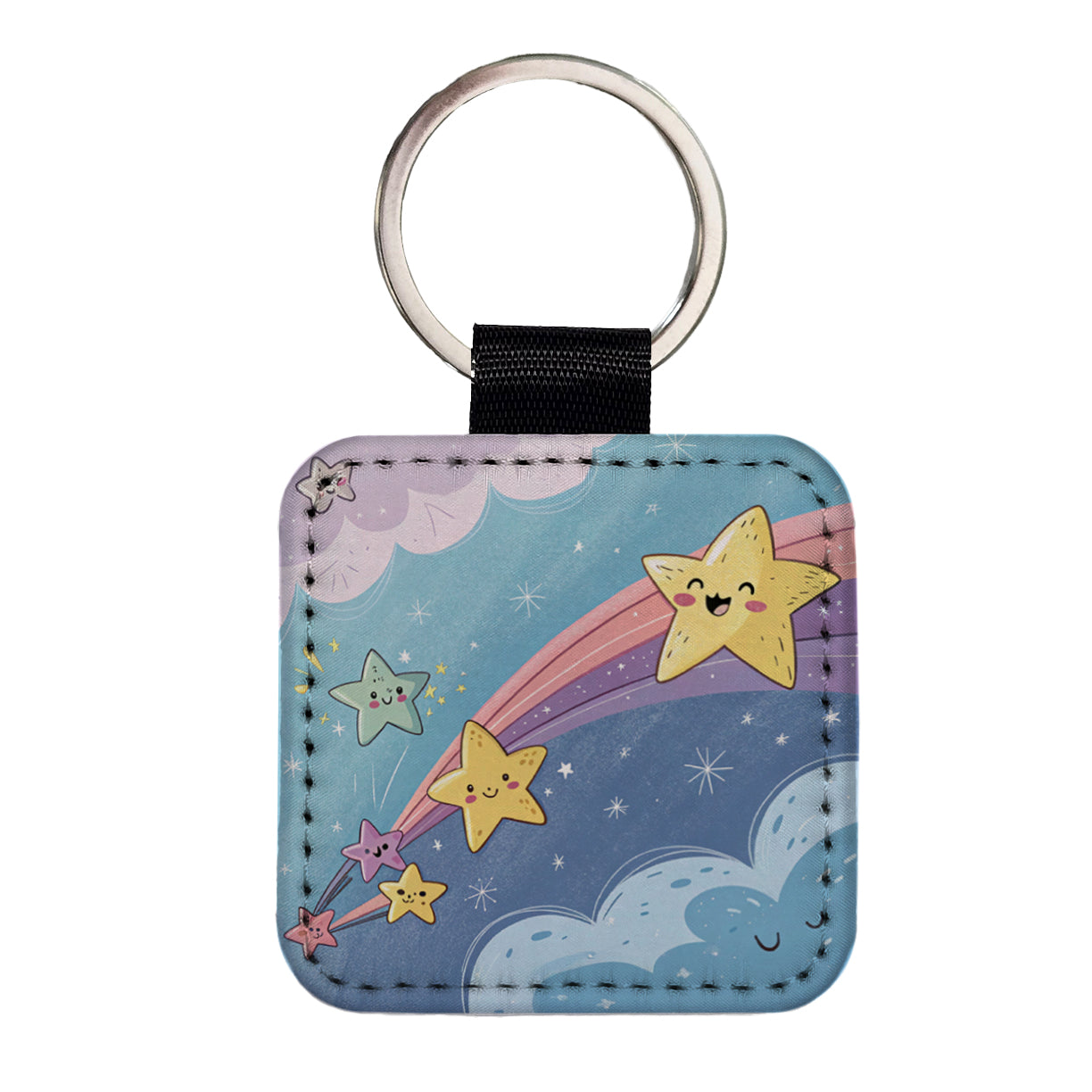 Kawaii Shooting Stars In Space Square Faux Leather Keychain