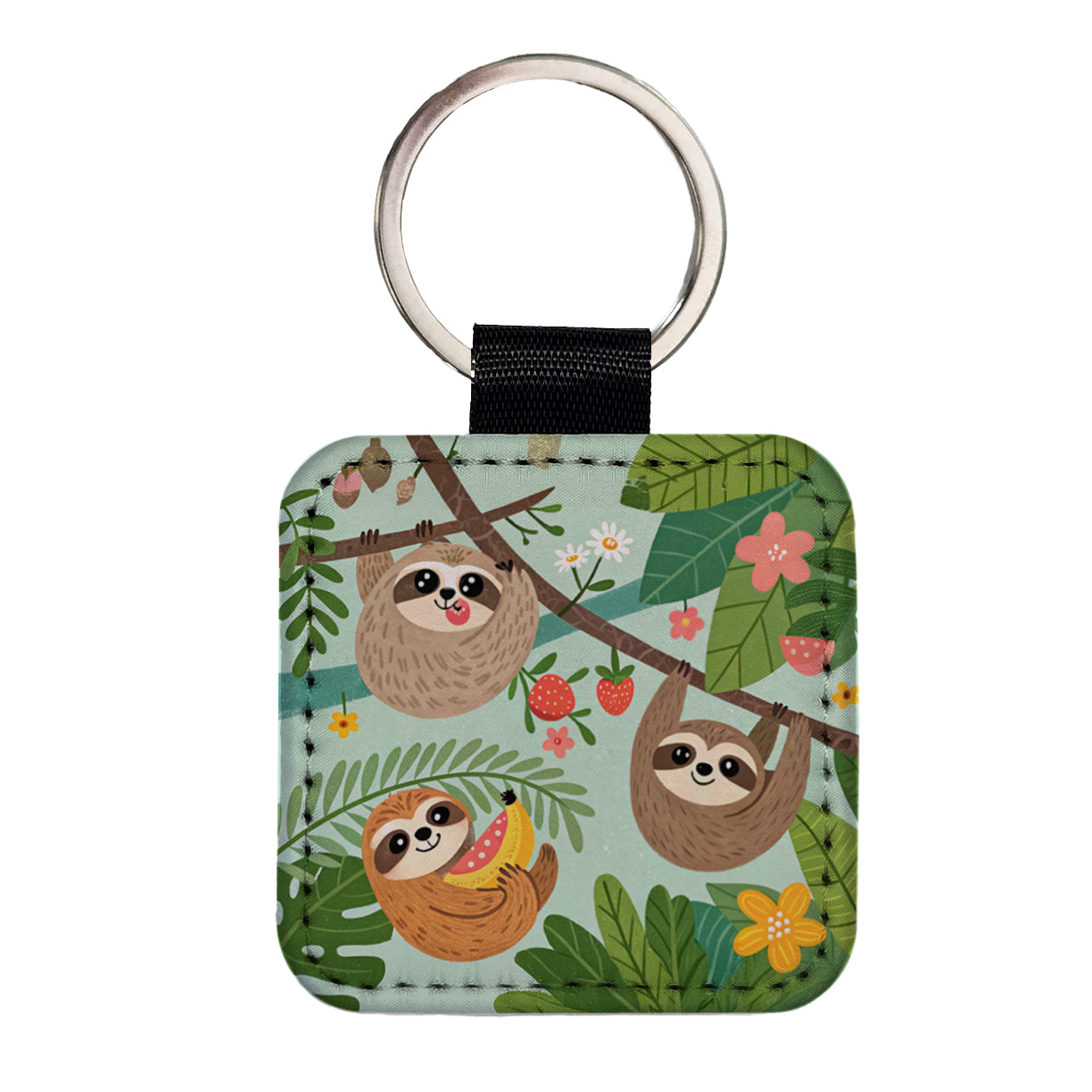 Kawaii Sloths Square Faux Leather Keychain