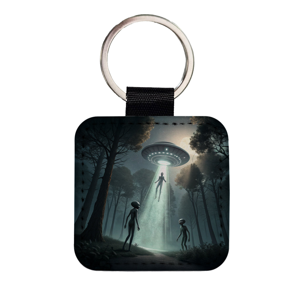 Alien Abduction in the Woods Sci-fi Square Faux Leather Keychain