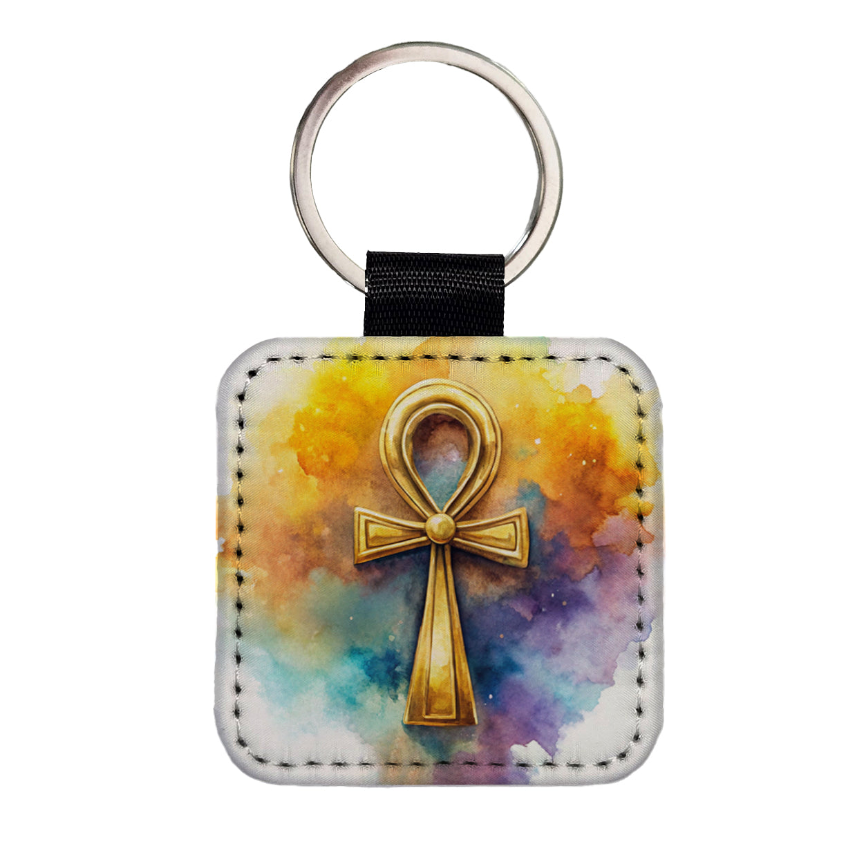 Ancient Egyptian Gold Ankh Watercolor Square Faux Leather Keychain