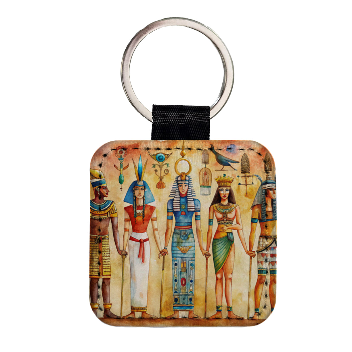 Ancient Egyptian Hieroglyphics Pharaohs Gods Watercolor Square Faux Leather Keychain