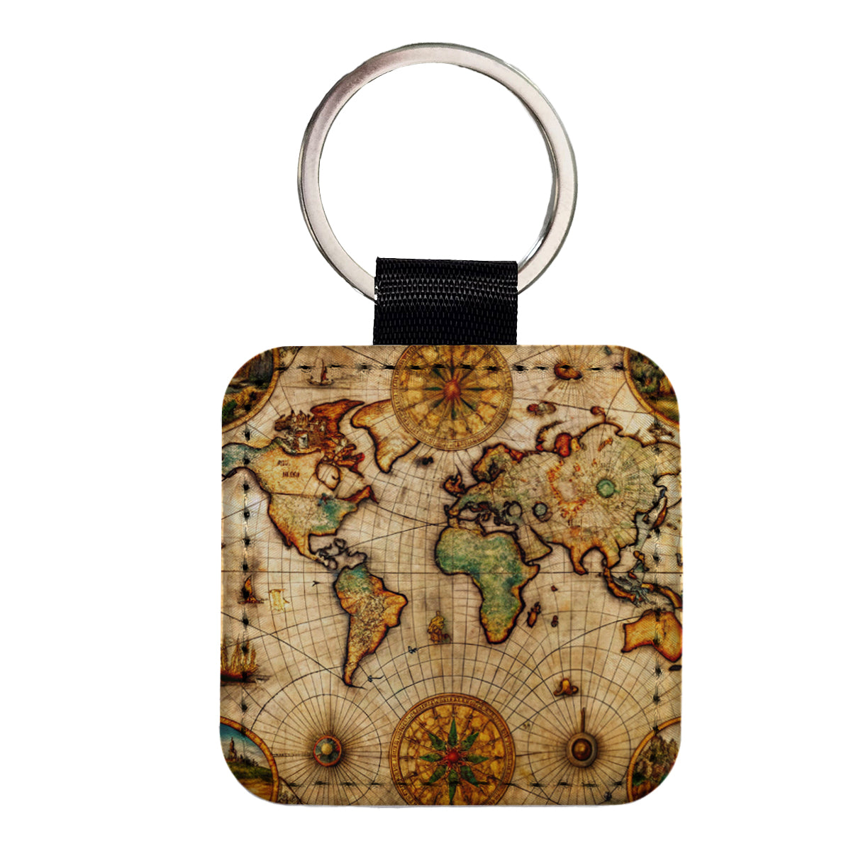 Ancient Maritime Nautical World Map Square Faux Leather Keychain