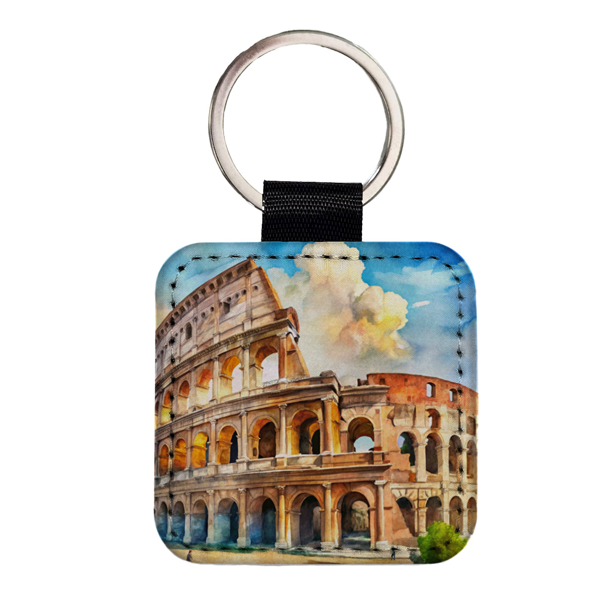 Ancient Rome Coliseum Watercolor Square Faux Leather Keychain